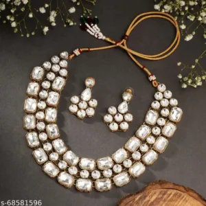 Stefan Ethnic Gold Plated White Kundan Big stone Necklace Set For Women